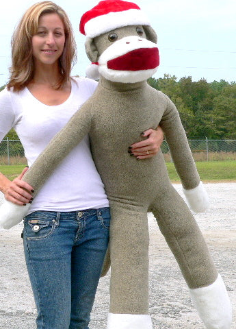 American Made Big Plush Christmas Sock Monkey 54 inches tall Wearing Red Santa Hat