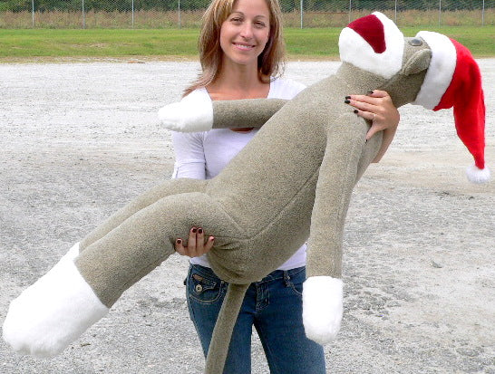 American Made Big Plush Christmas Sock Monkey 54 inches tall Wearing Red Santa Hat
