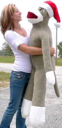 American Made Big Plush Christmas Sock Monkey 54 inches tall Wearing Red Santa Hat