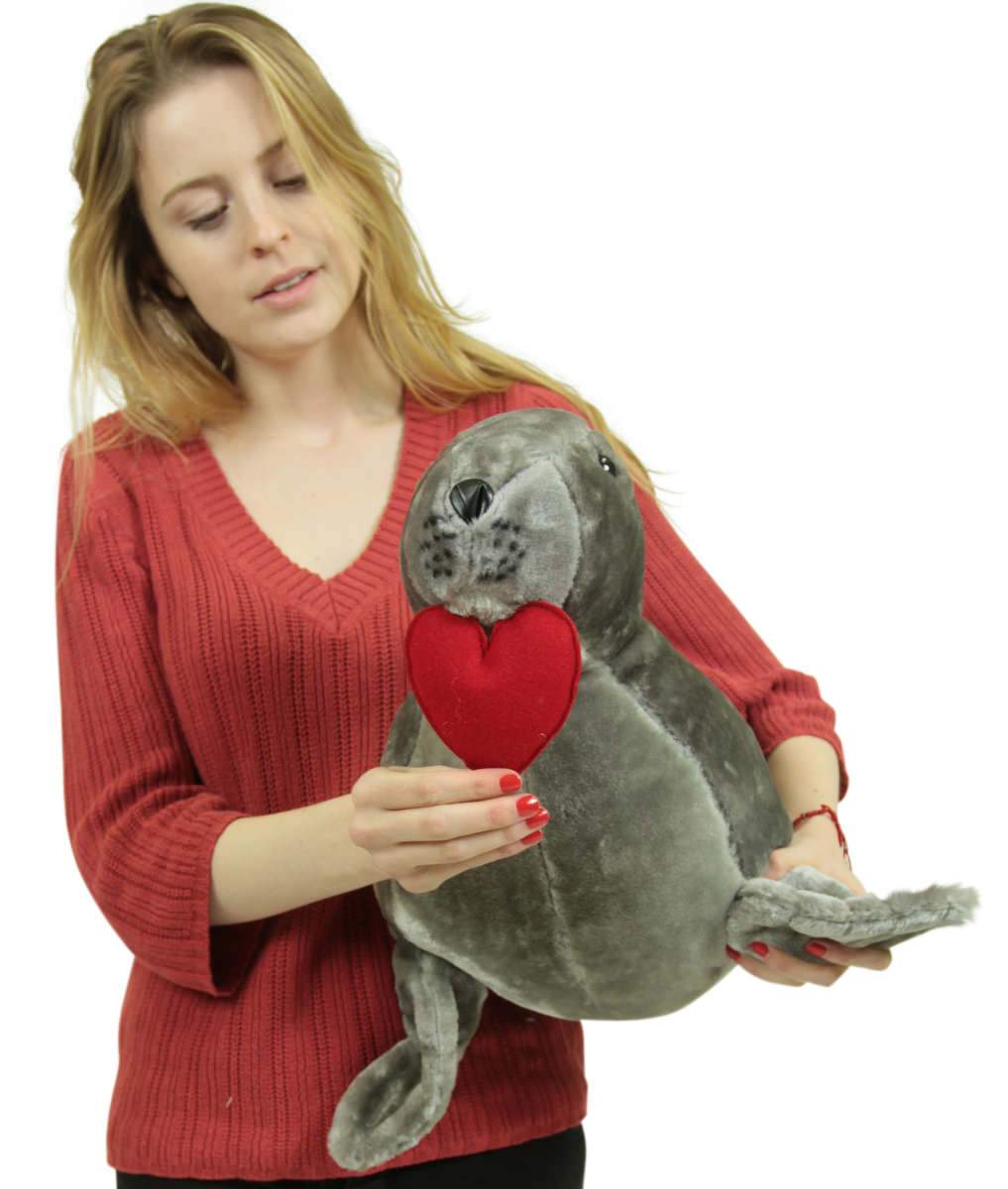 Big Plush Sea Lion With Heart In Mouth to Express Love, 30 Inch Soft Jumbo Stuffed Animal