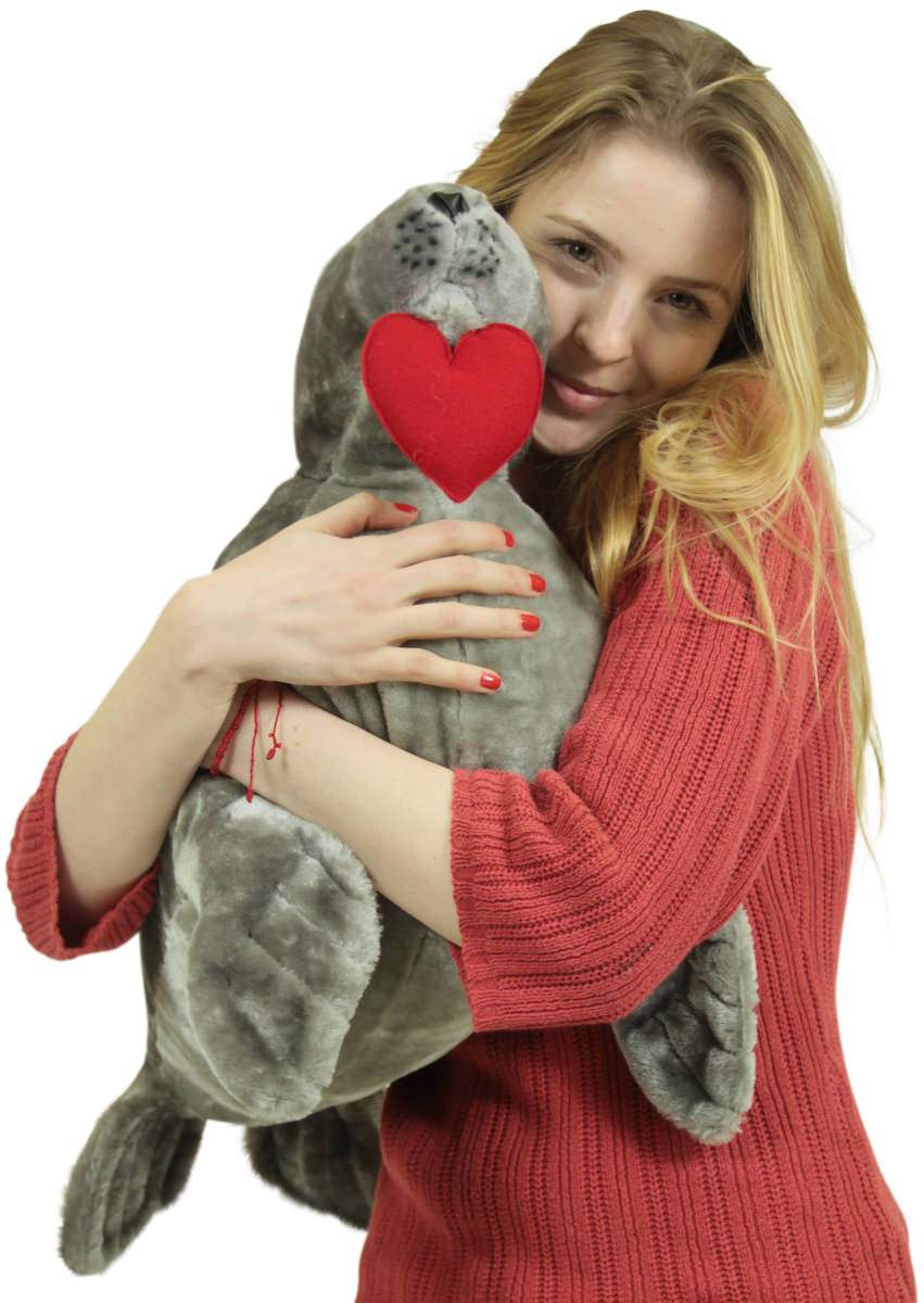 Big Plush Sea Lion With Heart In Mouth to Express Love, 30 Inch Soft Jumbo Stuffed Animal