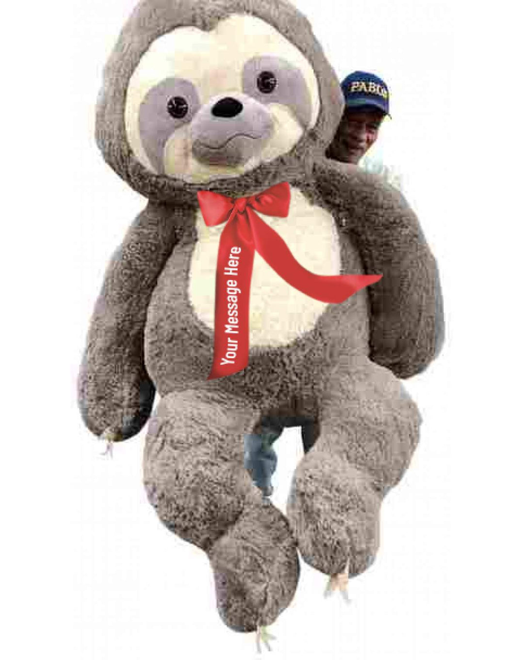 You custom design the text that goes on this huge 7 foot stuffed sloth's red satin neck ribbon bow.