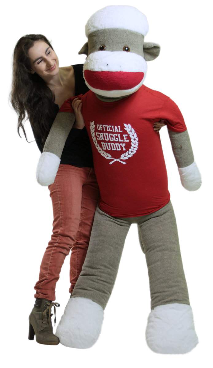 American Made Giant Plush Sock Monkey 5 Feet Tall Soft, Wears Removable Tshirt Official Snuggle Buddy