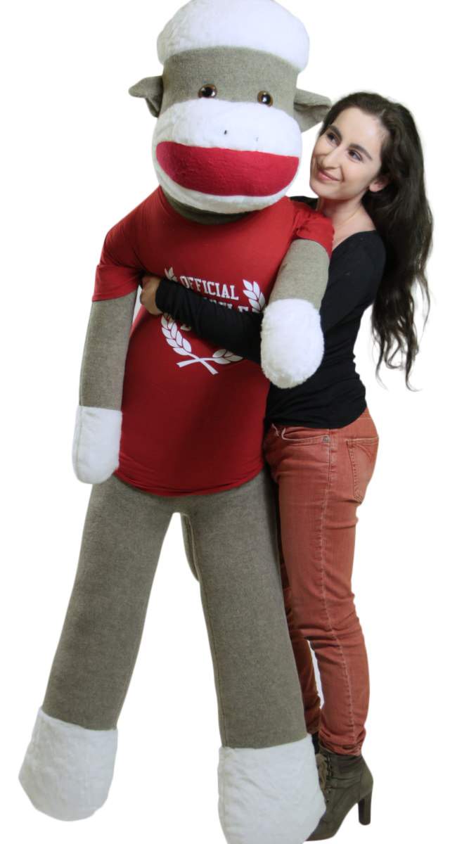 American Made Giant Plush Sock Monkey 5 Feet Tall Soft, Wears Removable Tshirt Official Snuggle Buddy