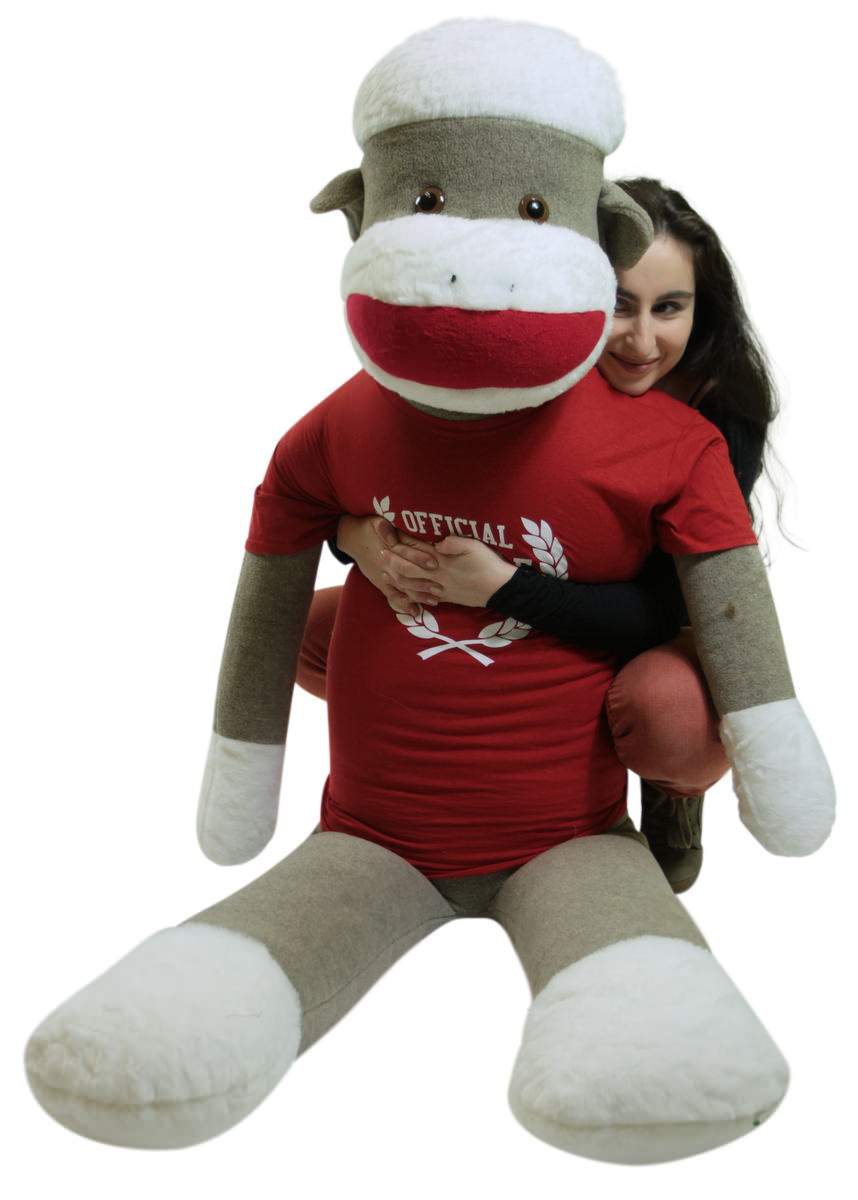 American Made Giant Plush Sock Monkey 5 Feet Tall Soft, Wears Removable Tshirt Official Snuggle Buddy