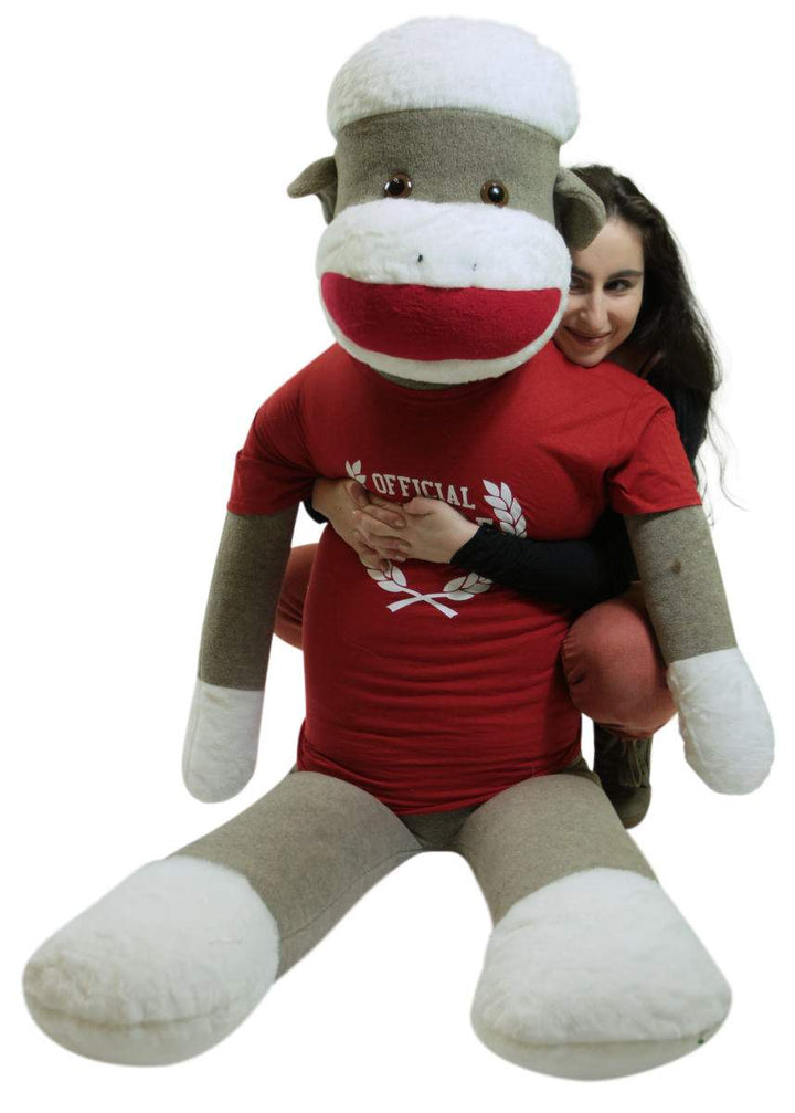 American Made Giant Plush Sock Monkey 5 Feet Tall Soft, Wears Removable Tshirt Official Snuggle Buddy