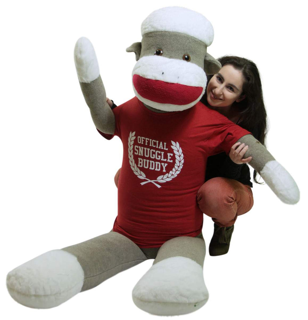 American Made Giant Plush Sock Monkey 5 Feet Tall Soft, Wears Removable Tshirt Official Snuggle Buddy