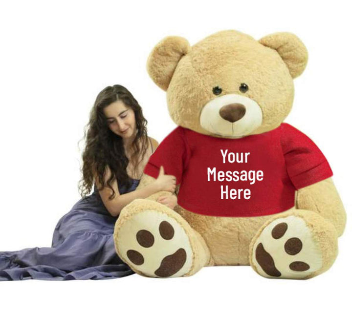 You design the text that is printed on this 6 foot teddy bear's removable red t-shirt.