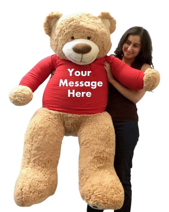 Personalized Big Plush 5 Foot Giant Teddy Bear Wearing Customized Red Color T-Shirt with Your Message